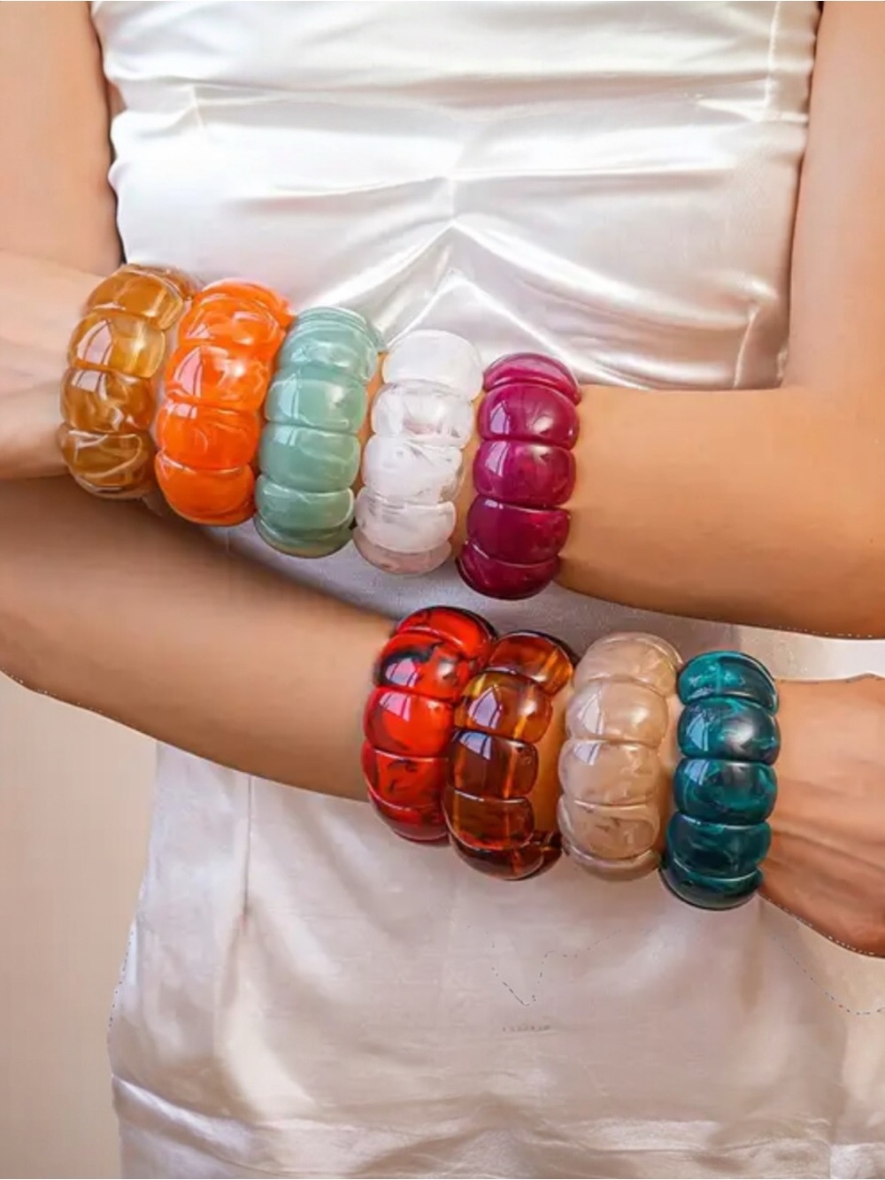 Deep Berry Color Block Acrylic Stretch Cord Bracelet - New